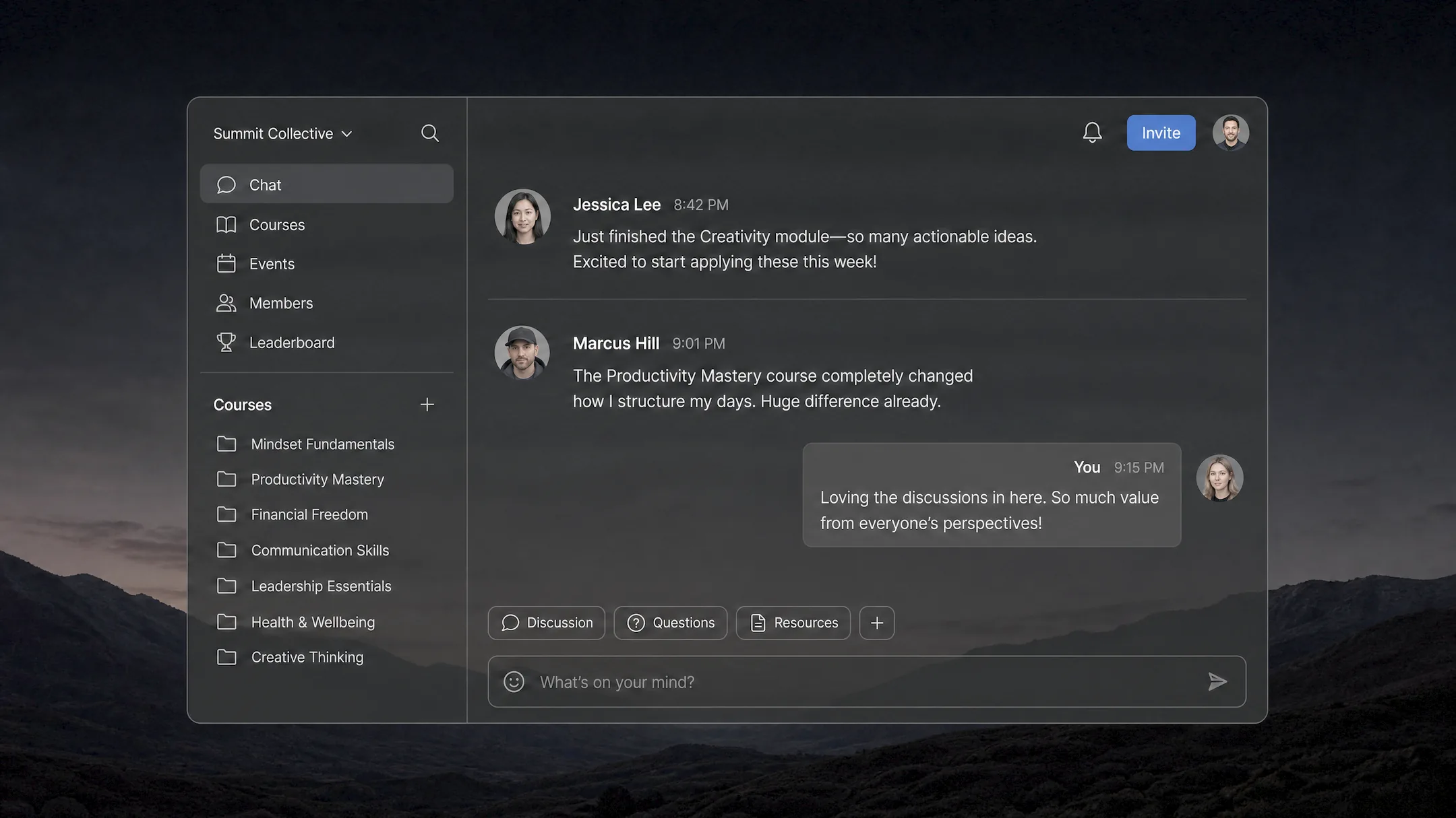 Community section with messages from different users