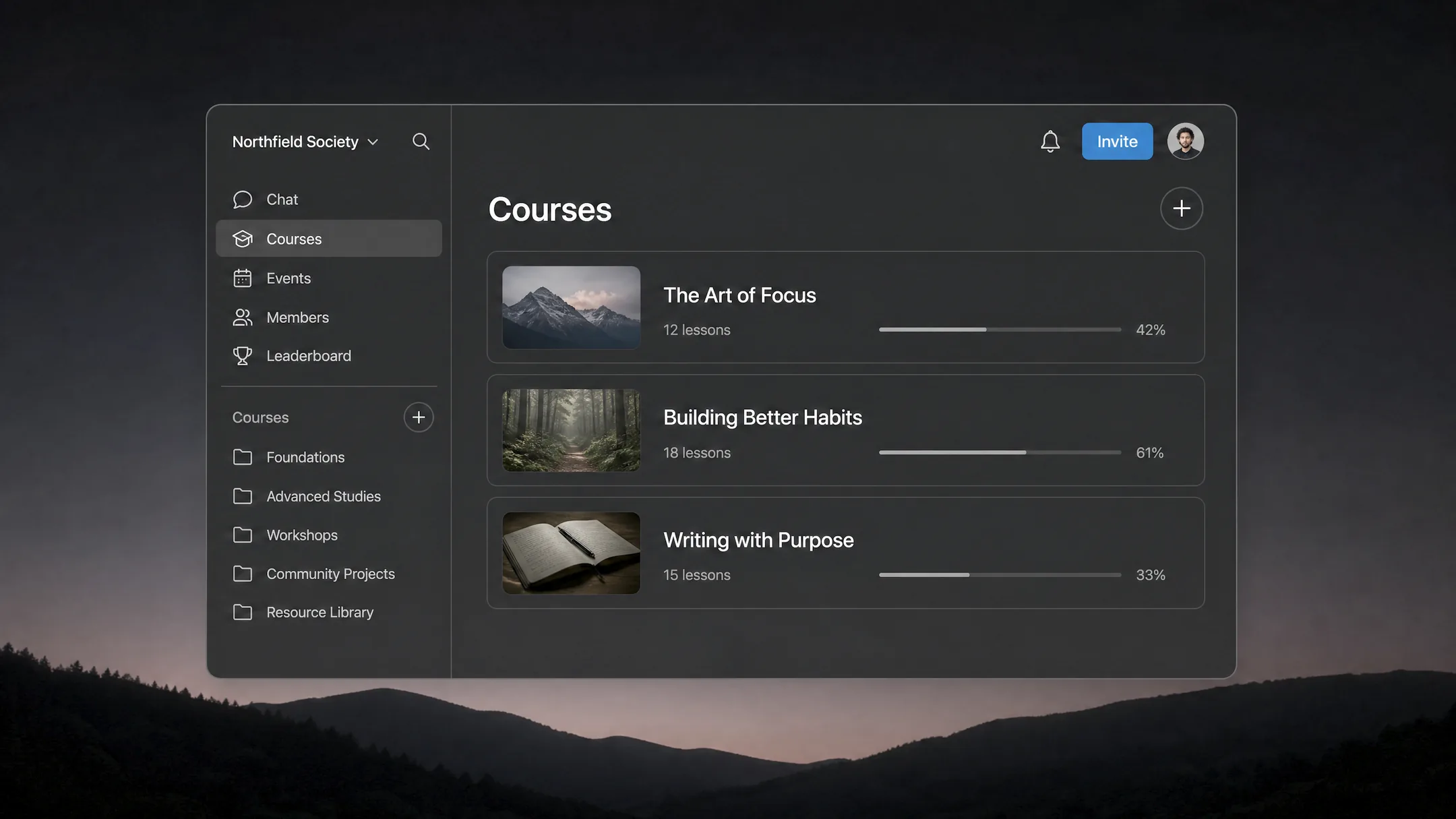 Courses page with 3 course, list view and plus icon to add a new course