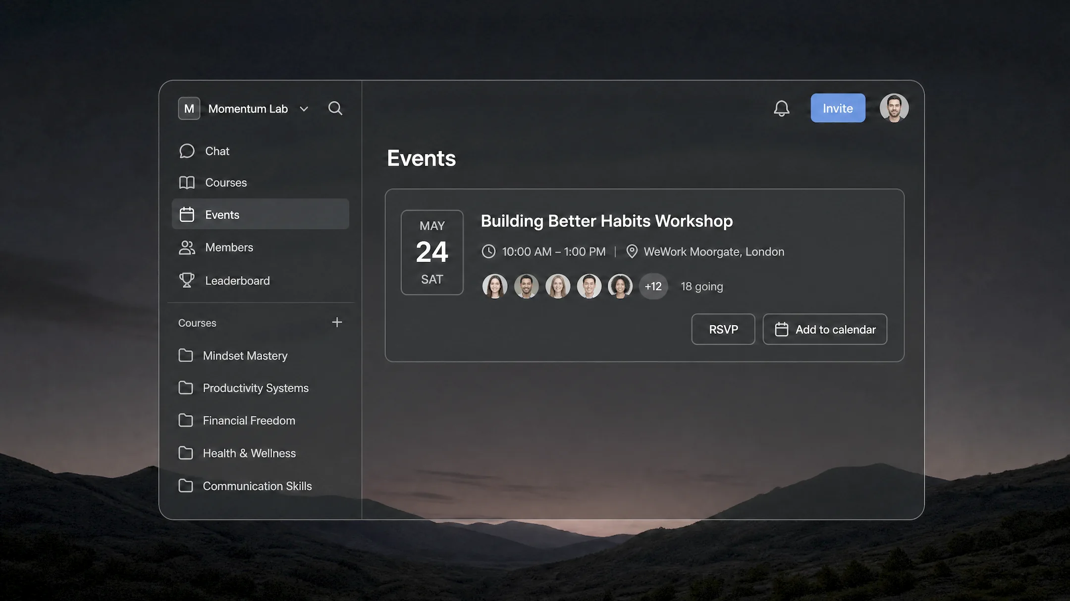 Events page with the RSVP and add to calendar buttons