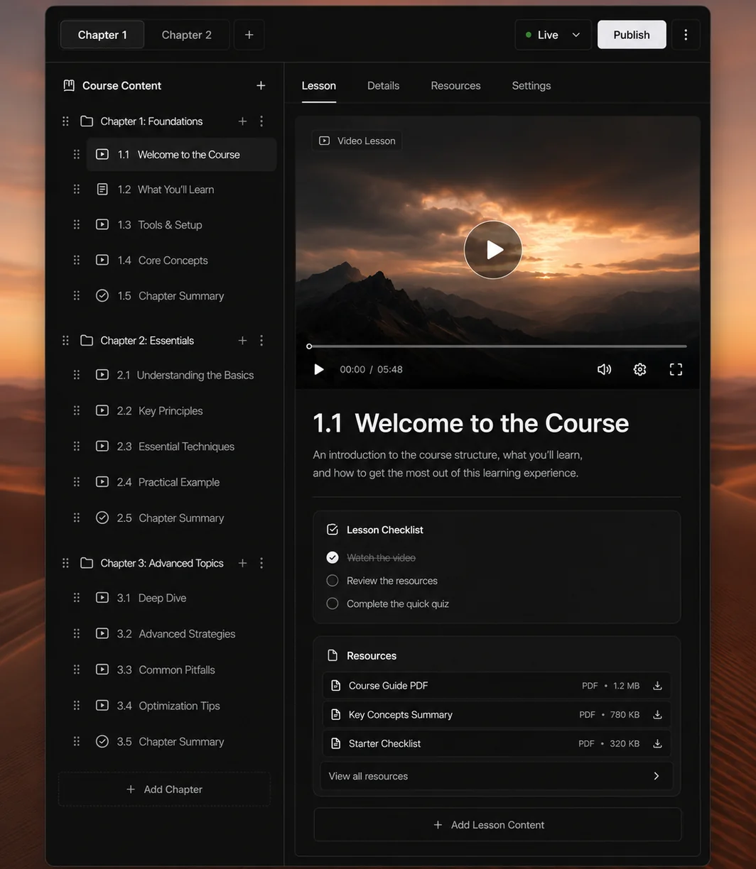 Feature section showing a course builder with chapters and lessons in a reorderable list.