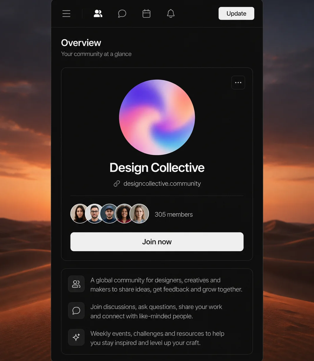 Feature section displaying a community overview page with a gradient hero, headline and member avatars.